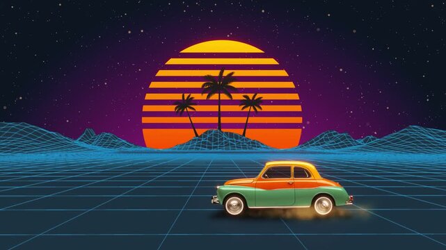 Retro 80s Synthwave background loop featuring a classic car driving on a digital grid road towards a vibrant sunset with palm trees. Ideal for music, gaming, and nostalgic retro projects.