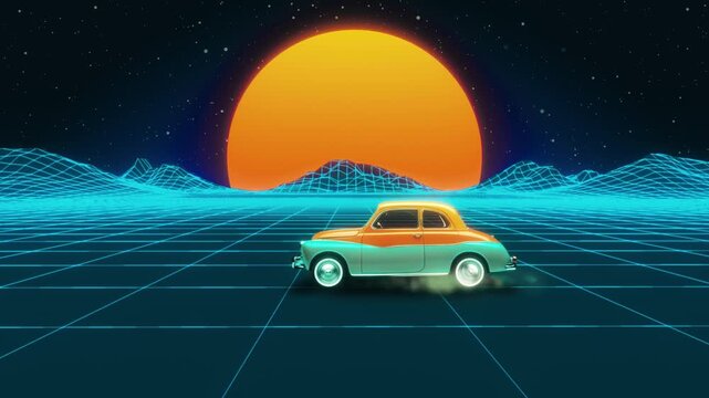 Retro 80s Synthwave background loop featuring a classic car driving on a digital grid road towards a vibrant sunset with palm trees. Ideal for music, gaming, and nostalgic retro projects.