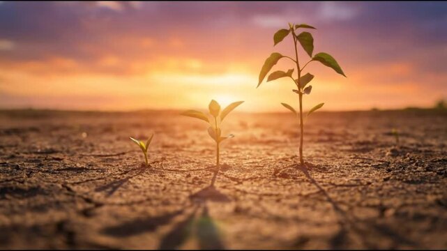 Three stages of green plant growth in dry cracked soil at sunset