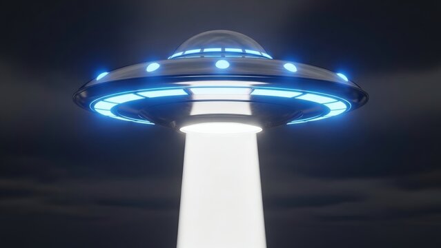 Night encounter UFO beam of light in dark sky Space invasion concept.