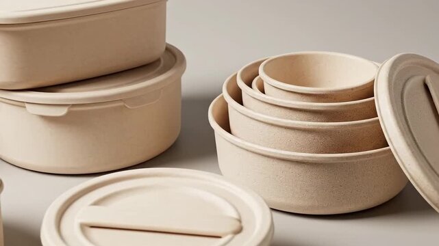 Beige Eco-Friendly Food Storage Containers and Bowls Stacked and Arranged in a Studio Setting with Soft Lighting