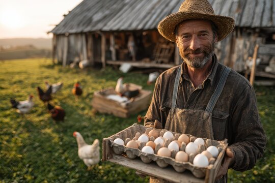 Cheerful farmer with organic eggs beside a wooden crate on a rustic farm