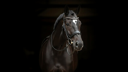A black warmblood gelding stands calmly against a dark background softly illuminated to reveal its r 40605797 1