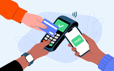 This dynamic illustration shows hands performing a contactless payment using a card and smartphone, highlighting convenience and modern payment methods in daily life.