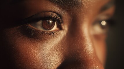 Cinematic close-up portrait of a Black woman's eyes in a letterbox frame
