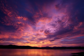 Fototapeta premium Cinematic landscape of a striking sunset with dramatic clouds and reflective horizon