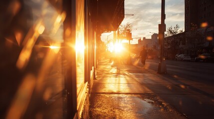 Cinematic lens flare over a golden hour urban street with amber and blue streaks