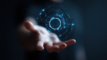 Futuristic holographic interface floating above hand, dark tech background  