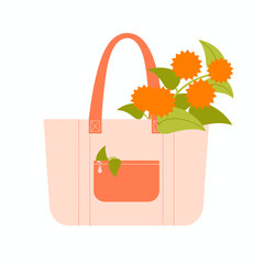 A stylish handbag overflowing with fresh flowers, symbolizing beauty, nature, and practicality, perfect for everyday use or special occasions while representing a love for nature.