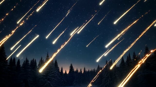 A mesmerizing display of meteor showers streaks across the night sky, illuminating a serene winter forest landscape with a magical celestial spectacle