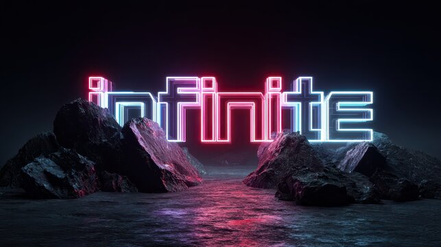 Cinematic neon artwork: Infinite text sign with pink and blue glow on rugged stone terrain in a dark scene