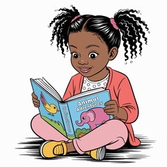 A cheerful girl with pigtails engrossed in reading an adventure book, highlighting the joy of exploration and imagination through reading in a playful environment.