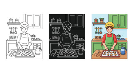 Set of three illustrations depicting a person baking cookies in a kitchen, showing line art, silhouette and colored versions