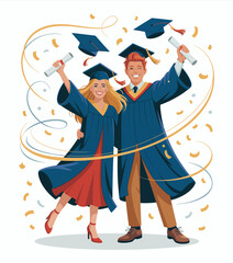 Two jubilant graduates celebrate their academic achievements, throwing their caps in the air, representing success, joy, and the excitement of new beginnings.
