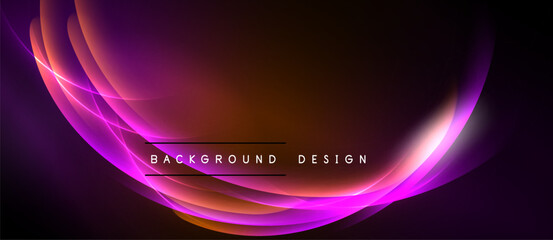 Abstract design features flowing curves, vibrant purple, orange hues. Text reads background design centered within glowing shapes. Dark background dominates image.