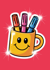 This cheerful illustration showcases a bright yellow mug with a happy face, holding colorful markers that bring a sense of creativity and joy to any workspace.