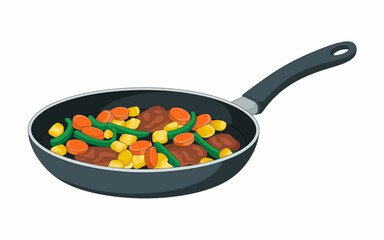 A colorful mix of vegetables and meat is stir-fried in a black pan, showcasing vibrancy and culinary delights, perfect for a delicious meal.