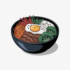 A vibrant bowl filled with various ingredients like noodles, vegetables, and a fried egg represents the delightful complexity of Asian cuisine and cultural diversity in food.