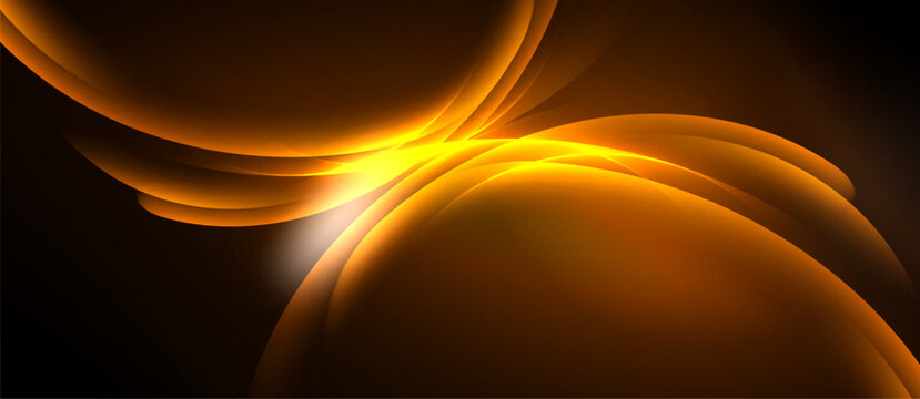 Abstract orange shapes overlap, creating luminous effect. Dark background emphasizes bright central glow, smooth curves dominate composition.