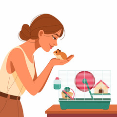 A young woman interacts joyfully with her pet hamster, emphasizing the nurturing relationship between humans and small animals in a domestic setting.