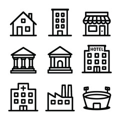 Fototapeta premium Collection of iconic black and white building symbols including hotel, bank, and hospital.
