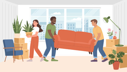 Three friends collaborate to move a couch into a bright, open room filled with plants and boxes, symbolizing teamwork and the excitement of creating a new home environment together.