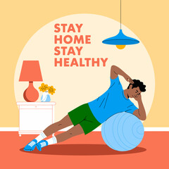 This motivating image shows a man engaged in an at-home workout, promoting the importance of health and fitness while emphasizing self-care and well-being in a comfortable environment.
