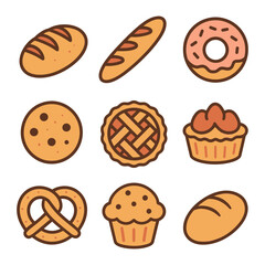 Assorted bakery icons: bread, donut, cookie, pie, cupcake, pretzel.