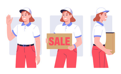 This engaging illustration captures a cheerful salesperson smiling while promoting a sale, showcasing accessible service and the inviting nature of retail shopping experiences.