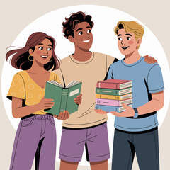 This cheerful image depicts three friends sharing joyful moments while holding books, symbolizing friendship, learning, and the joy of reading in a relaxed atmosphere.