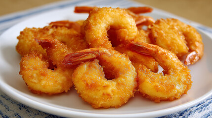 テーブルクロスの上にある白い皿に山盛りに盛り付けられた衣がゴールデンブラウンのエビフライ