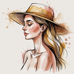 A sophisticated portrait of a woman with flowing hair and a wide-brimmed hat, embodying elegance and grace with artistic watercolor effects enhancing her beauty.