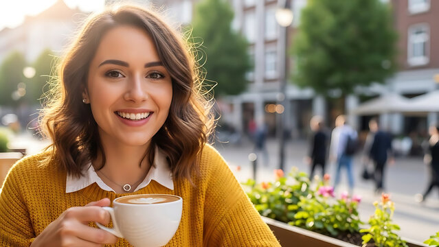 A cheerful young woman sits at a city caf holding a coffee cup smiling warmly at the camera 57355266 1