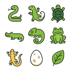 Obraz premium Cartoon reptile icons: snake, lizard, turtle, crocodile, chameleon, frog, gecko, egg, leaf.