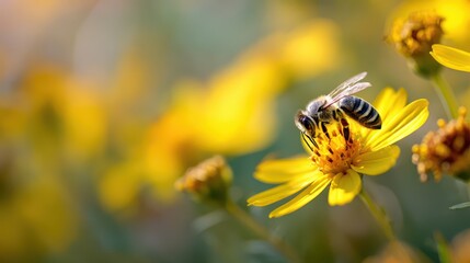 Close-up macro photo of a striped bee collecting pollen on a bright yellow flower with left banner space for text on a sunny spring day