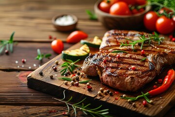 Juicy grilled steak is perfectly placed on a wooden board, surrounded by colorful cherry tomatoes, herbs, and spices. The vibrant display invites a culinary experience