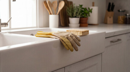 Cleaning gloves resting next to a sponge on a pristine kitchen sink