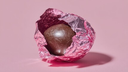Close-up of a chocolate Easter egg partially unwrapped from pink metallic foil over a soft pastel background