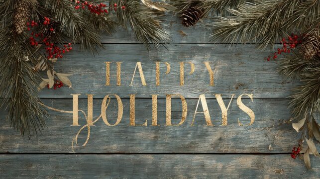 Rustic wooden sign with happy holidays text surrounded by festive evergreen branches and red berries