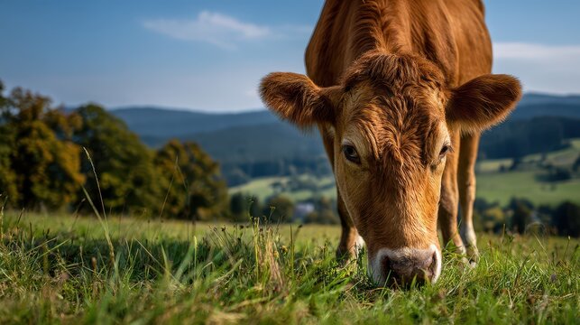 Close-up of a brown cow eating grass in a lush green field with blue sky