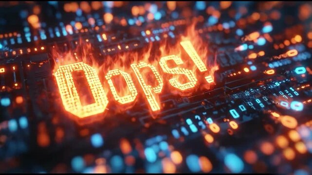 Oops! Moment: A fiery display reveals the word Oops! in a dynamic, error-laden circuit board. Signifying an error situation. 
