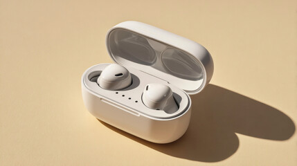 Modern wireless headphones in an open charging case, isolated on a beige background over commercial lighting and with space for your advertisement. Generative AI image