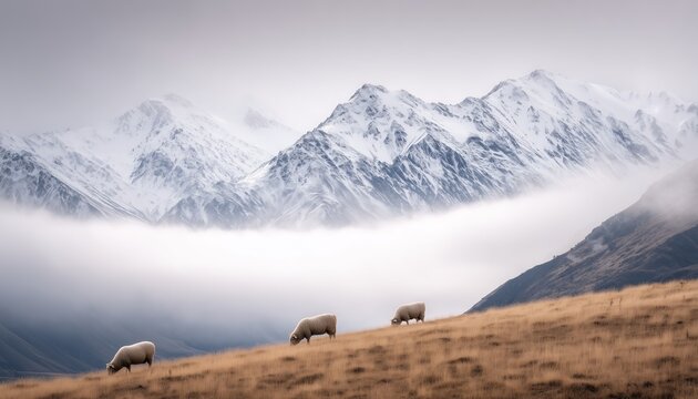 Sheep graze peacefully on a grassy hillside with snow-capped mountains and a thick layer of mist in the background.