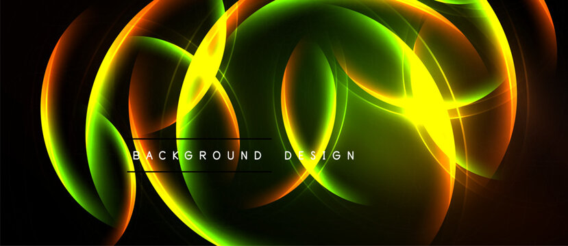 Abstract neon lights form swirling shapes. Vibrant colors blend, creating dynamic visual effect. Dark background emphasizes luminosity.