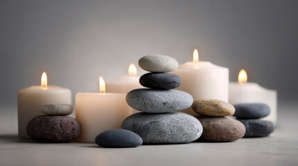 Neutral toned candles and stones arranged in balance, wellness concept, minimal lighting. Generative AI image