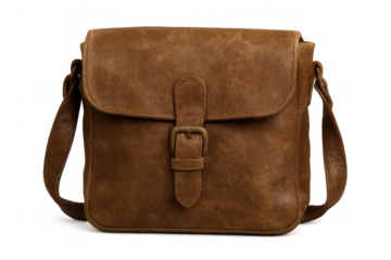 Brown leather messenger bag with a shoulder strap and buckle closure on transparent background