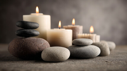 Relaxing spa environment with smooth massage stones and lit candles for a calming experience. Creating a peaceful setting for relaxation and rejuvenation. Generative AI image