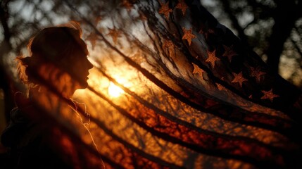 Woman Standing on Mountain with American Flag at Sunset, Embracing Freedom and Nature's Beauty