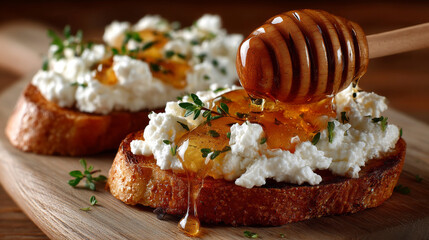 Bruschetta with fresh ricotta cheese and modem poured on top. Generative AI image