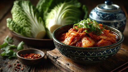 Traditional Korean Kimchi in Rustic Bowl with Fresh Napa Cabbage and Spices on Wooden Table